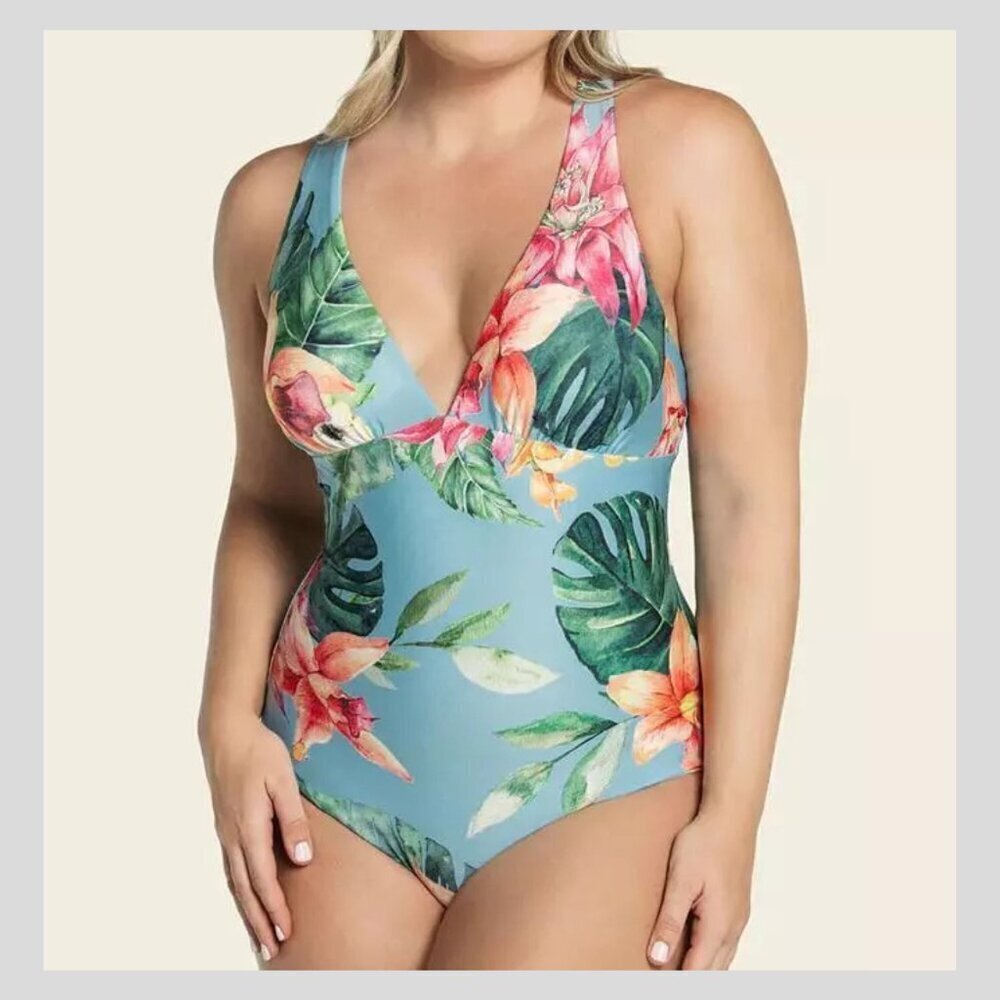 New! Leonisa Blue Floral Back Hardware Ring One Piece Swimsuit 35129